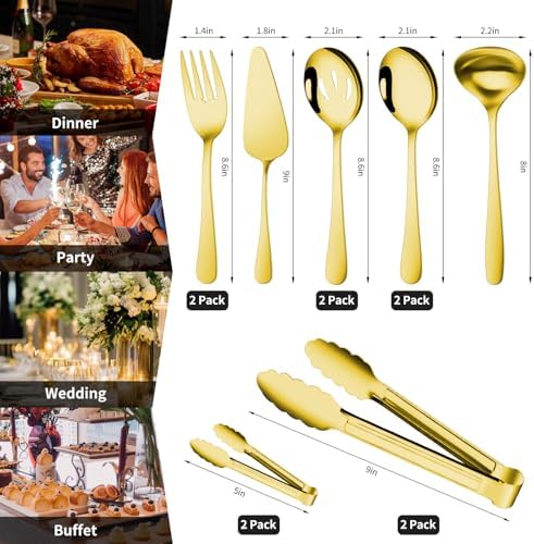 Gisly Gold 12 Pieces Serving Utensils Include Large Serving Spoons,Slotted Serving Spoons,Serving Forks,Serving Tongs,Appetizers Tongs,Soup Ladle and Pie Cake Server for Buffet Catering