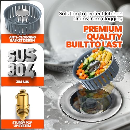 Kitchen Sink Drain Strainer & Sink Stopper, Upgraded 3 in 1 Stainless Steel Drain Plug Combo with Anti-Clog Basket, Pop Up Drain Cover for Standard 3-1/2'', Fits Double Bowl Kitchen Sinks