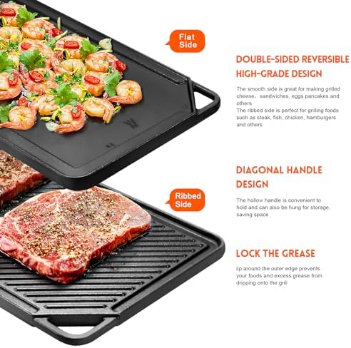 GGC Reversible Cast Iron Griddle, 20 x 10 Rectangular Griddle Pan