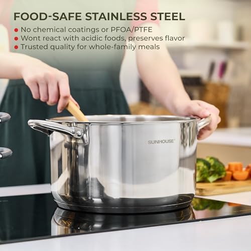 Sunhouse 6 QT Stainless Steel Stock Pot with Lid - Large Pot for Cooking