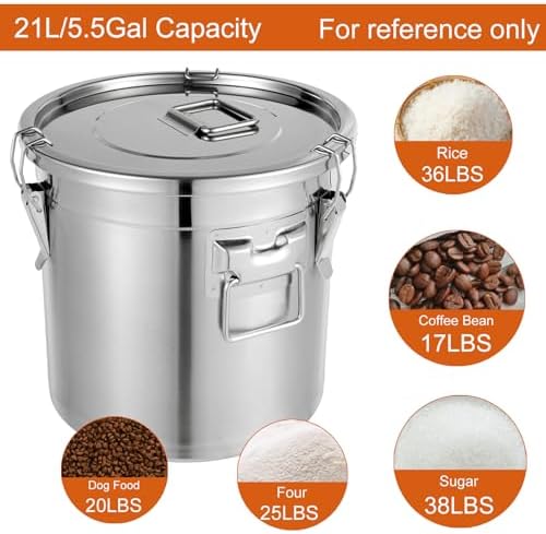 DYNAMI 5.5Gal 304 Stainless Steel Airtight Container with Lid and Locking Clamp,17-38Lbs Metal Bucket Stainless Steel Drum Large Canister for Kitchen,Dog Food/Bird Seed/Coffee Storage Container(21L)