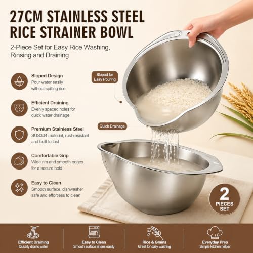 2 Pack Rice Washer Strainer Bowl, Stainless Steel Colander