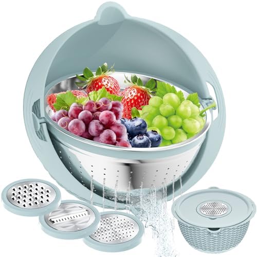 4 in 1 Colander with Mixing Bowl Set, Colander for Kitchen, Strainers and Colanders, Pasta Strainer, Fruit Cleaner, Veggie Wash, Aesthetic Kitchen Essentials - Blue