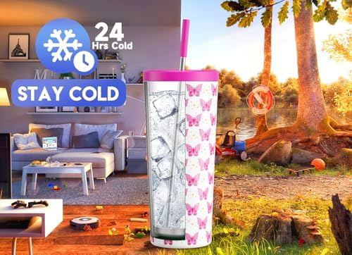 Meoky 24 oz Insulated Tumbler with Lid and Straw, Stainless Steel Vacuum Insulated Tumbler, Keeps Cold for 24 Hours, 100% Leak Proof, Fits in Car Cup Holder (Butterfly)