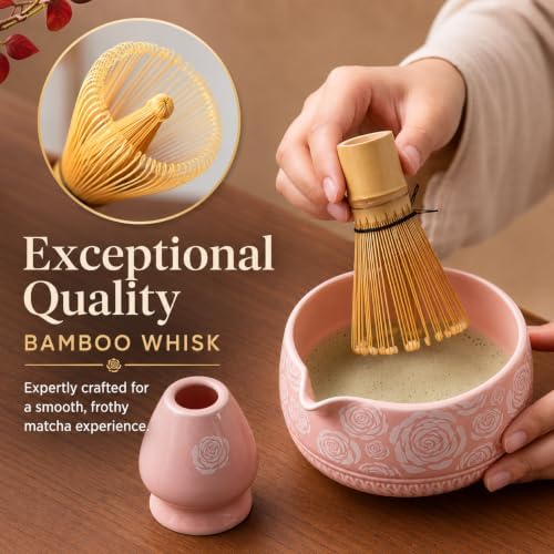 Buucup Matcha Whisk Set, Ceramic Matcha Kit with Bowl & Tools, Rose Pink