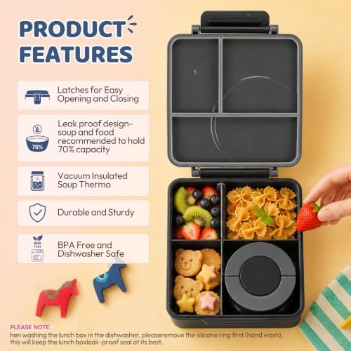Itslife Bento Lunch Box for Kids with 8oz Soup Thermo&Lunch Bag, Leak-Proof Lunch Food Containers with 4 Compartment, Hot Food Insulated Food Jar for Kids School (Black)