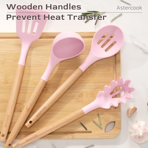 Astercook Kitchen Utensils set, 39 PCS Silicone Cooking Utensils Set with Wooden Handle, 446°F Heat Resistant Food Grade Utensil Sets, BPA Free Kitchen Gadgets Tools Set for Nonstick Cookware (Pink)