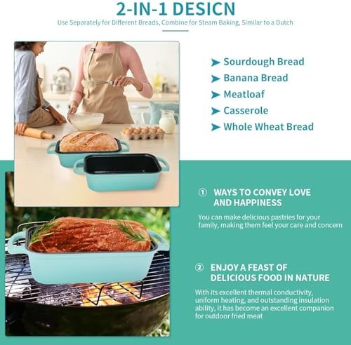 Blisswave Cast Iron Bread Pan with Lid - 2-in-1 Dual Set, Includes 2 Bread Mats - Bread Baking Pan for Homemade Bread, Cakes, Patties - Even Heating - 2-Piece Set (Lake Blue)