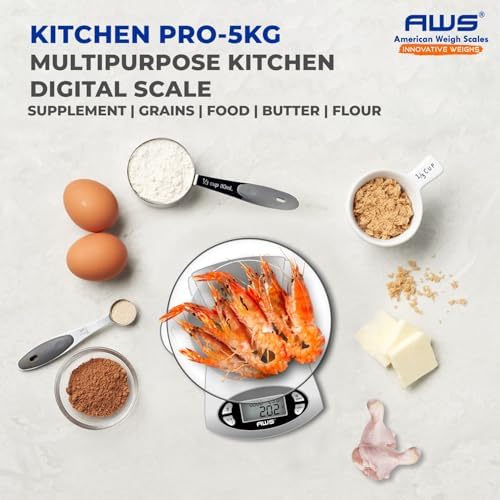 AWS Kitchen Pro 0.1g/0.001oz Precision Food Scale 5kg/11lb Digital Bowl Scale with Tempered Glass, | 2.72L Dishwasher-Safe Bowl, Tare, Timer, Clock & Room Temperature Display | Ultra Cooking Scale