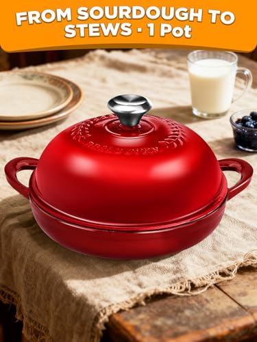 Dutch Oven Bread Baking Pot with Lid 6QT Enameled Cast Iron Oven, Gradient Red Design & Complete Sourdough Kit (Banneton Basket, Dough Tools, Silicone Sling) for Artisan Bread Making