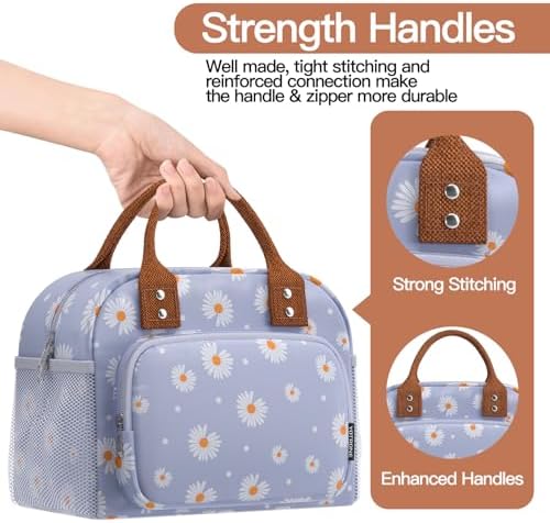 Lunch Bag for Women, Insulated Lunch Box for Women Men Work Adult, Cute Lunch Tote Large Capacity Reusable Cooler Containers for Picnic Travel Office or Beach (Blue Daisy)