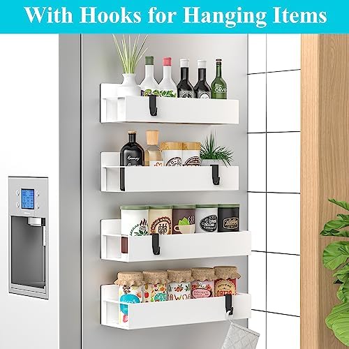 HuggieGems Metal Magnetic Spice Rack for Refrigerator with Hooks White