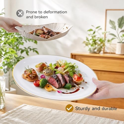 WDF 6Pcs Gold Plastic Serving Trays - 12 Inch White and Gold Oval Disposable Plates - Heavy Duty White Plastic Serving Platters for Wedding/Birthday/Dinner Party/BBQ/Holiday Gatherings