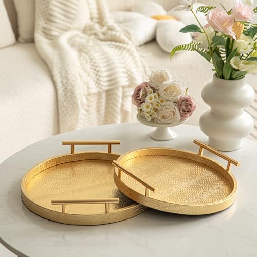 2 Piece Golden Round Serving Tray with Handles, Woven-Texture Faux Leather Ottoman Tray for Living Room, Decorative Tray for Coffee Table Home Decor