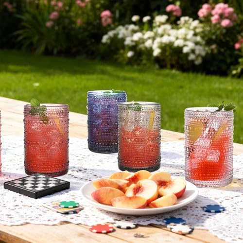 Blue Hobnail Drinking Glasses Set of 6,15 oz Vintage Highball Glasses,Drinkware Kitchen Glasses for Cocktail,Iced Coffee,Beer,Ice Tea,Wine,Whiskey,Water
