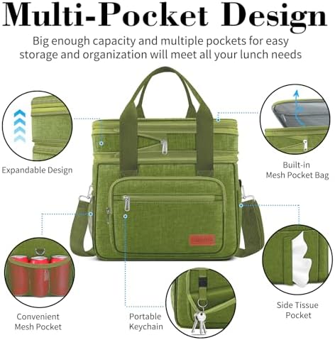 Coobiiya Insulated Lunch Box for Men & Women, Leakproof Lunch Bag Cooler Bag with 4 Pockets,Heavy Duty Lunch Bags Men Cooler Bags for Camping, Travel, Work Kayaking & Beach