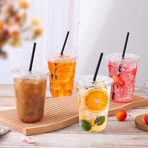 tchrules 150 Set 16oz Clear Plastic Iced Coffee Cups with Lids and Straws