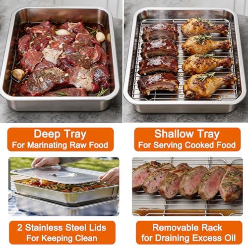 Grill Prep Tray & Serving Tray Set with Lids –5-Piece Grill Carry System for Marinating, Carrying & Serving, Stainless Steel BBQ Trays, BBQ Prep Grill Pan with 2 Lids and 1 Rack