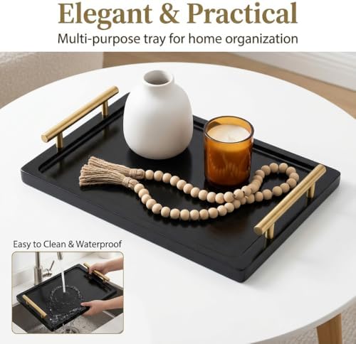 PEKER Wooden Serving Tray with Metal Handles, Black Decorative Coffee Table Tray for Breakfast in Bed, Ottoman & Home Décor, Wooden Food Tray for Kitchen