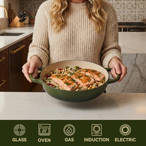 3 Quart Enameled Cast Iron Braiser, Non Stick Enameled Cast Iron Skillet with Lid, Dutch Oven Skillet with lid up to 500°F for Oven, Stove, Grill, Shallow Dutch Oven for Cook, Bake (Golden Green)