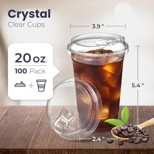 Fit Meal Prep 100 Pack 20 oz Clear Plastic Cups with Strawless Sip Lids, Disposable Plastic Coffee Cups with Lids, To Go Cups for Iced Coffee, Smoothies, Soda, Party Drinks, Bubble Tea, Cold Beverage