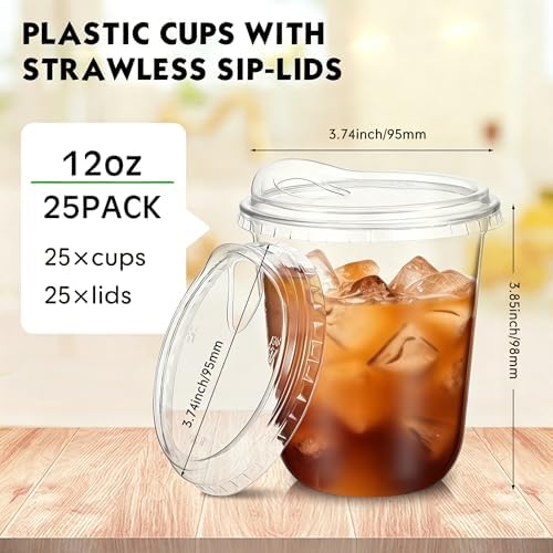 Baderke 25 Pcs Round Bottom Plastic Cups with Lids Clear Togo,12 Oz