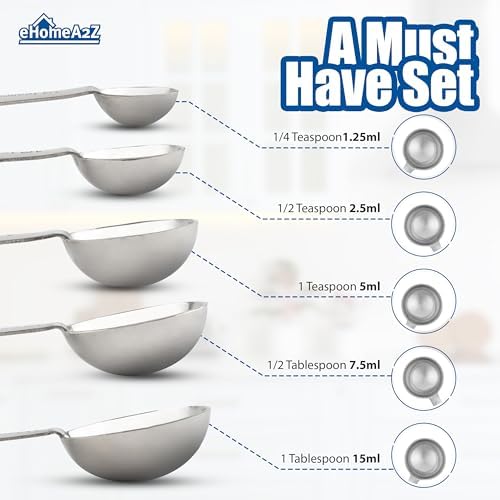 5-Piece Stainless Steel Measuring Spoon Set for Cooking and Baking, Heavy Duty, Fits in Spice Jars, Accurate for Dry and Liquid Ingredients