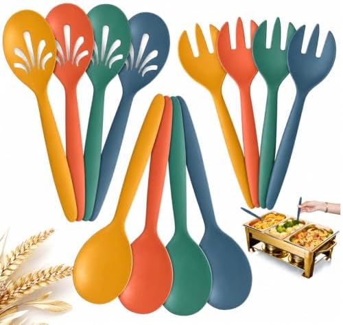 Reusable Plastic Salad Serving Utensils of 12, 10" Wheat Straw Large Salad Server Set Spoons/Slotted Spoons/Sporks, for Party Buffet Catering (Orange/Blue/Yellow/Green, Not for Cooking)