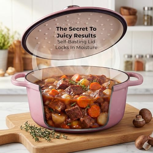 Zulay Kitchen 5 Quart Enameled Cast Iron Dutch Oven Pot with Lid – Premium Durability & Oven Safe up to 500°F – Heavy Duty Cookware Perfect for Bread Baking, Stews, Braising & Roasting – Pink