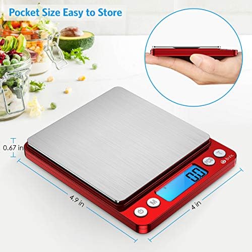 Digital Kitchen Scale, 3000g Pocket Cooking Scale with 0.1g Accuracy, Mini Food Scale, Pro Electronic Jewelry Scale with Back-Lit LCD Display, Tare & PCS Functions (Red, Batteries Included)