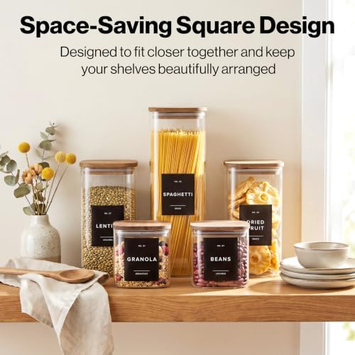 Glass Pantry Storage Jars Containers with Acacia Lids and Labels - Set of 5