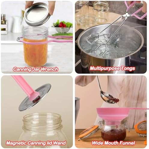 Home Canning Supplies Starter Kit, Food Grade Stainless Steel Canning Tools with Jar Lifter Tongs, Funnel, Labels, Magnetic Lid Lifter, Essential Canning Accessories Equipment Set for Beginners, Pink