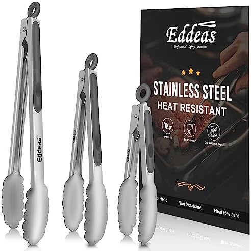 EDDEAS Tongs For Cooking - Heat Resistant 600 Degrees Stainless Steel Kitchen Tong,Heavy Duty Metal Locking Tongs - Perfect for Food, BBQ set of 3 (7",9" and 12") Grey