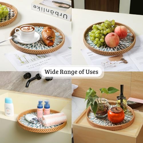 Round Rattan Tray with Mother of Pearl Inlay, Wooden Base
