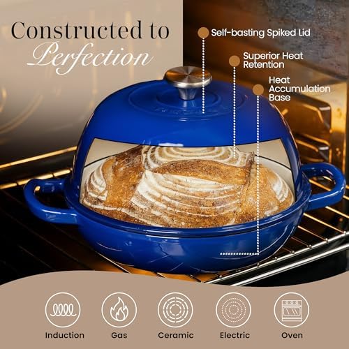 Enamelled Cast Iron Dutch Oven Pot – Dutch Oven For Sourdough Bread Baking – Cast Iron Bread Pot – Dark Blue, 6 Quarts, 26cm – by Nuovva