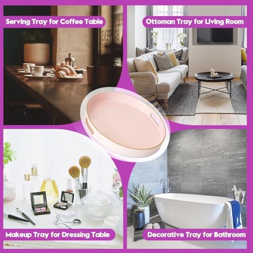 Gifturbo Matte Pink Decorative Serving Tray,Round Serving Trays with Handles, Coffee Table Tray Ottoman Round Plastic Trays for Living Room, Bathroom
