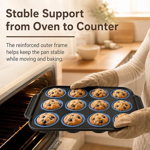 Silicone Muffin Pans for Baking, 12-Cup Muffin Tin with Metal Frame