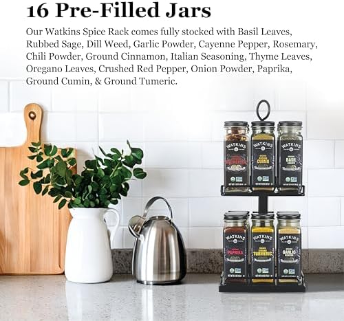 Watkins Countertop Two Tier Rotating Spice Rack, Includes 16 Watkins Organic Spices (16608)