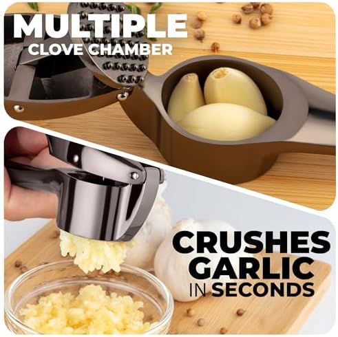 Zulay Kitchen Large Premium Garlic Press Set – Rust Proof & Dishwasher Safe, Bigger Bowl Garlic Mincer Tool with Silicone Garlic Peeler & Brush, Easy Squeeze & Clean, Ergonomic Handle - Dark Gray