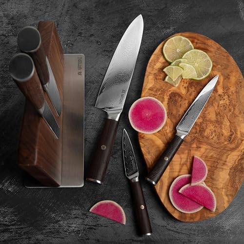 Yatoshi Knives Magnetic Kitchen Knife Block Set 6 Pcs- Japanese Damascus 67 Layer High-Grade VG-10 Steel Knives, Professional Kitchen Knife Set, Espresso Brown Pakkawood Handles