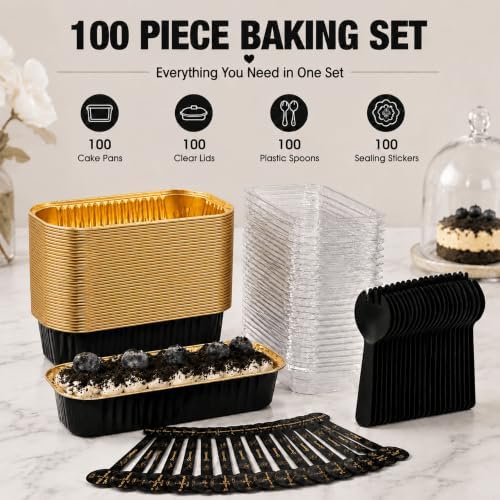 100 Pack Mini Cake Pans with Lids and Spoons, Disposable Aluminum Foil Cake Tins（6.8oz） Mini Loaf Pans with Lids for Party, Wedding, Birthday