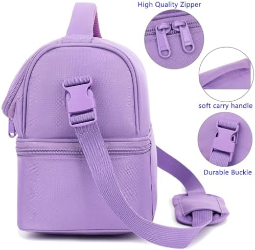 FlowFly Double Decker Cooler Insulated Lunch Bag Large Tote for Boys, Girls, Men, Women, with Adjustable Strap,Purple