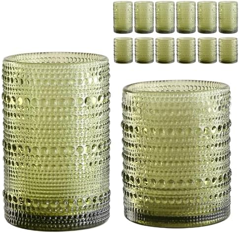 ZMOWIPDL Drinking Glasses Set of 12,Green 12oz & 15oz Hobnail Glass Cups