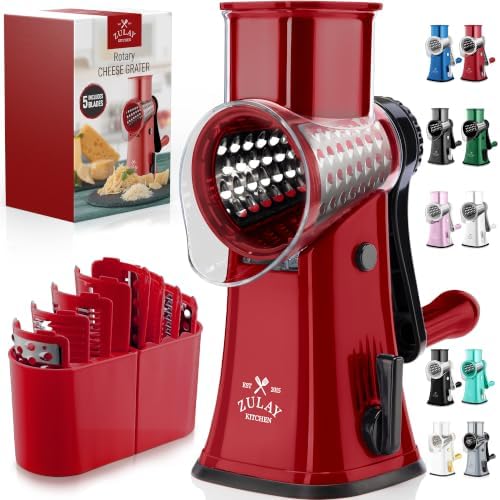 Rotary Cheese Grater Manual Hand Crank 5 Blade Shredder, Red