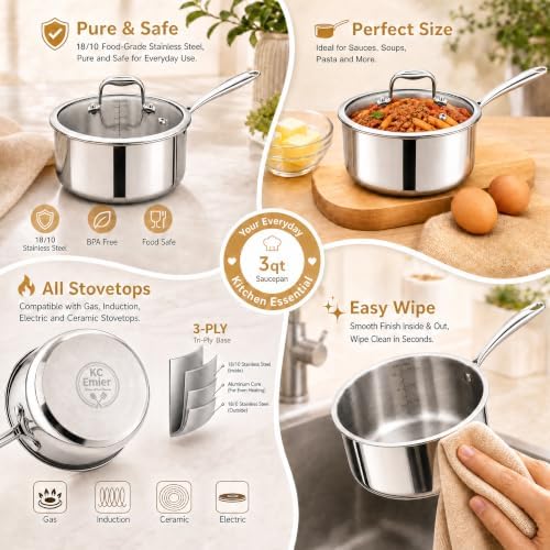 3-Quart Saucepan with Lid, Tri-Ply Stainless Steel Pot with Stay-Cool Handle & All Cooktop Compatibility (Gas, Ceramic, Electric) - Silver