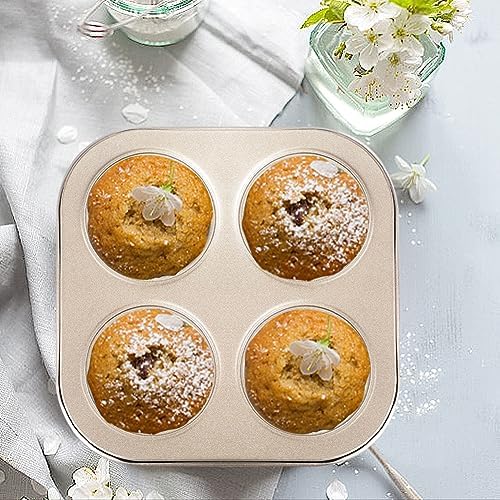 4-Hole Muffin Pan, Bakeware Non-stick Cupcake Baking Pan Mini Pie Pans, Heavy Duty Carbon Steel Muffin Tray Standard Baking Mold Pan for Oven Bakings (COLOR:Gold, 1pc)