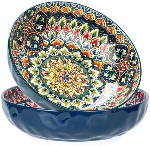 75 Oz Serving Bowls,Bohemian Style Large Porcelain Dishes for Entertaining Parties,Big Bowls for Eating Soup, Salad, Pasta, Fruit, Chips, 10.3 Inch Diameter (blue.green)