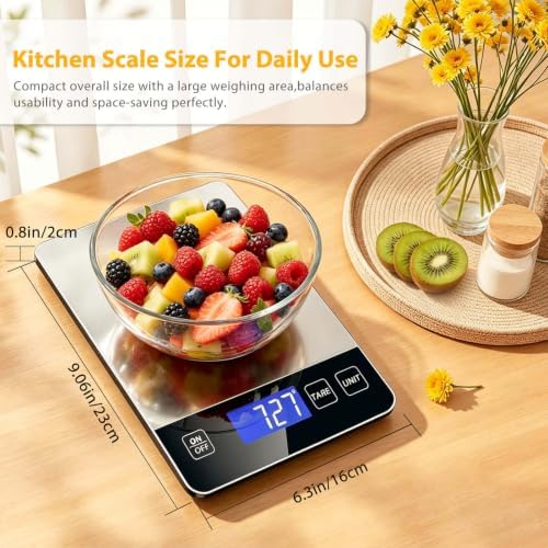 Food Scales for Kitchen, 33lb Kitchen Scales Digital Weight Grams and Ounces, Stainless Steel Food Weight Scale Rechargeable for Baking Cooking, Batteries and Type-C Charging with LCD Display