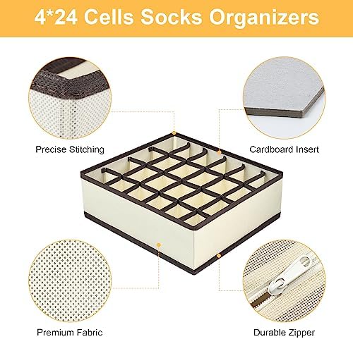 joyoldelf Sock Drawer Organizer Divider Underwear Organizer 24-cell Fabric Dresser Drawer Organizers Storage Boxes for Socks Lingerie, Handkerchiefs, Ties 4 Pack (Beige)