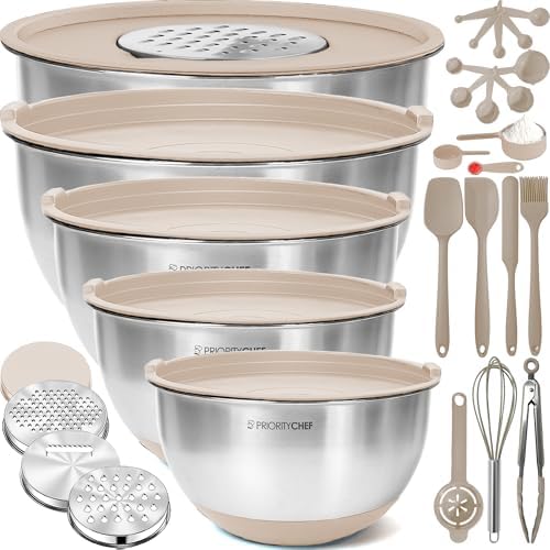 28pc Stainless Steel Mixing Bowls with Lids Set, 1.5-5 Qt, Khaki